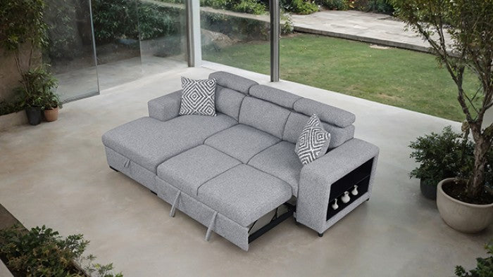 FM64000GY-LC 2 pc Chatteris grey fabric 102" sectional sofa set with storage chaise pop up sleep area and storage arms