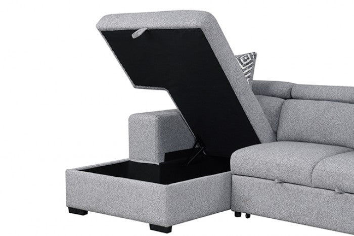 FM64000GY-LC 2 pc Chatteris grey fabric 102" sectional sofa set with storage chaise pop up sleep area and storage arms