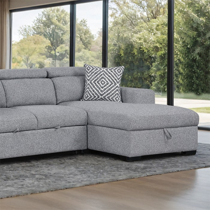 FM64000GY-RC 2 pc Chatteris grey fabric 102" sectional sofa set with storage chaise pop up sleep area and storage arms