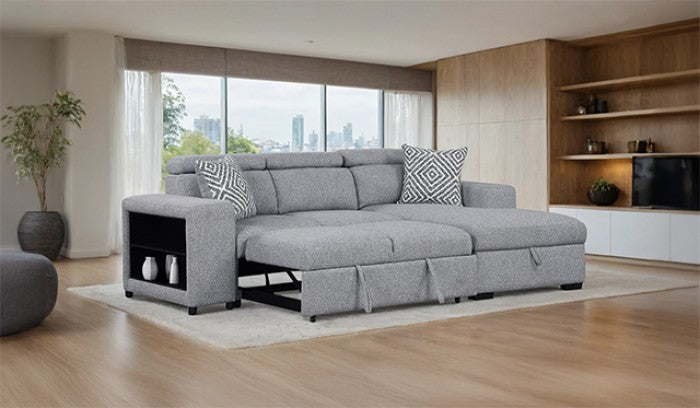 FM64000GY-RC 2 pc Chatteris grey fabric 102" sectional sofa set with storage chaise pop up sleep area and storage arms