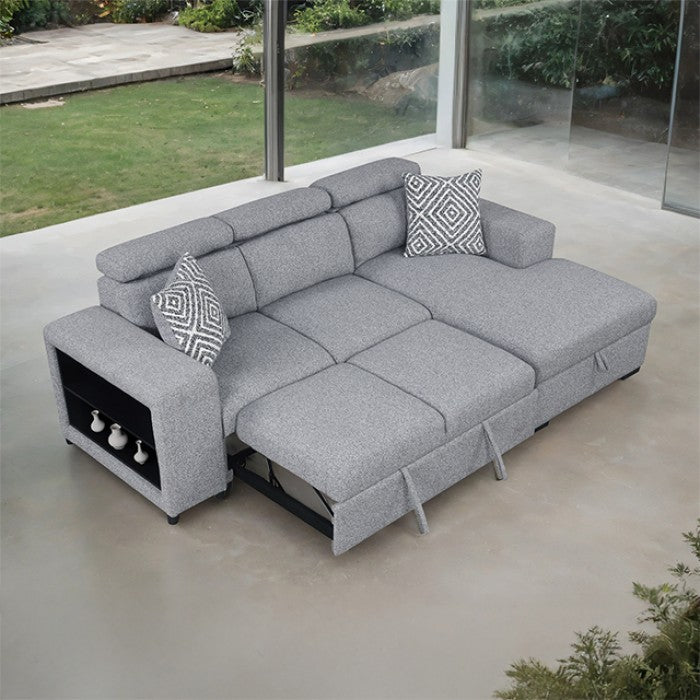 FM64000GY-RC 2 pc Chatteris grey fabric 102" sectional sofa set with storage chaise pop up sleep area and storage arms
