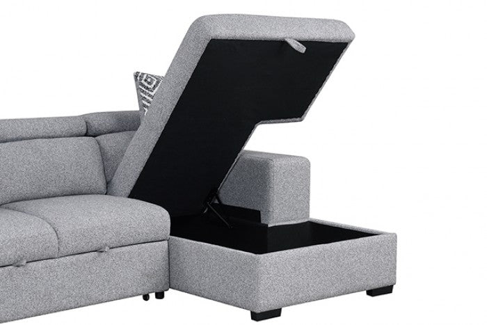 FM64000GY-RC 2 pc Chatteris grey fabric 102" sectional sofa set with storage chaise pop up sleep area and storage arms