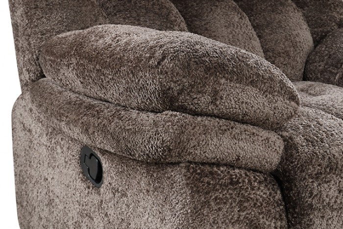 FM64001DB 2 pc Hieronymus dark brown fabric channel tufted sofa and love seat with recliner ends cup console USB charging