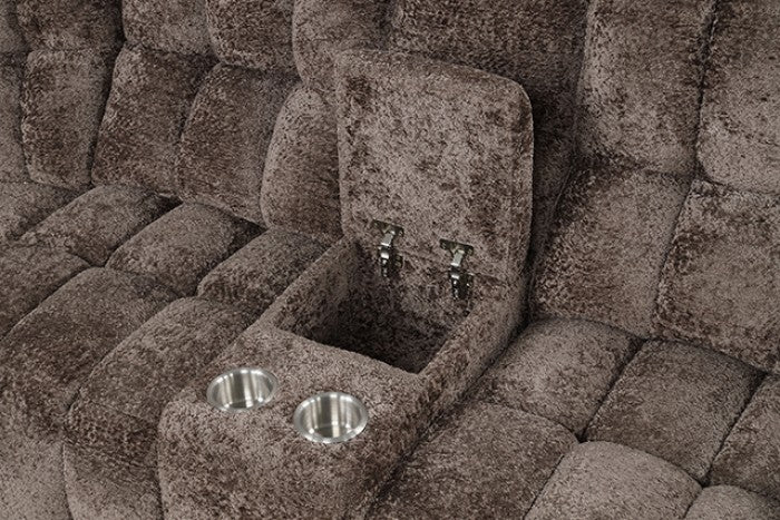 FM64001DB-SECT-PM 3 pc Hieronymus dark brown fabric channel tufted sectional sofa with power motion recliner ends cup console USB charging