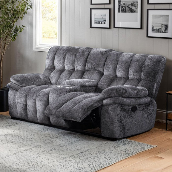 FM64001DG 2 pc Hieronymus dark grey fabric channel tufted sofa and love seat with recliner ends cup console USB charging