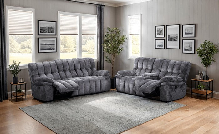 FM64001DG 2 pc Hieronymus dark grey fabric channel tufted sofa and love seat with recliner ends cup console USB charging
