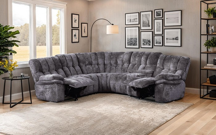 FM64001DG-SECT-PM 3 pc Hieronymus dark grey fabric channel tufted sectional sofa with power motion recliner ends cup console USB charging