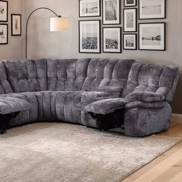 FM64001DG-SECT-PM 3 pc Hieronymus dark grey fabric channel tufted sectional sofa with power motion recliner ends cup console USB charging