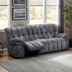 FM64001DG 2 pc Hieronymus dark grey fabric channel tufted sofa and love seat with recliner ends cup console USB charging