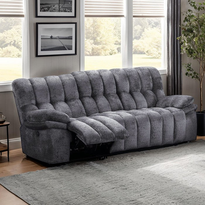 FM64001DG 2 pc Hieronymus dark grey fabric channel tufted sofa and love seat with recliner ends cup console USB charging