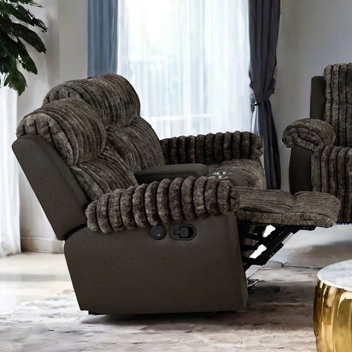 FM64003BR 2 pc Dionysus two tone dark brown wde channel fabric sofa and love seat with recliner ends cup console USB charging