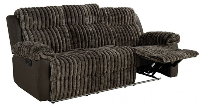 FM64003BR 2 pc Dionysus two tone dark brown wde channel fabric sofa and love seat with recliner ends cup console USB charging