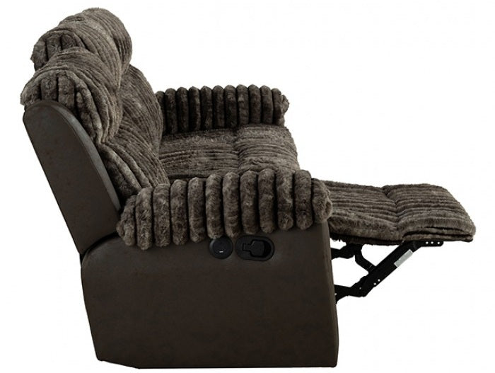 FM64003BR 2 pc Dionysus two tone dark brown wde channel fabric sofa and love seat with recliner ends cup console USB charging