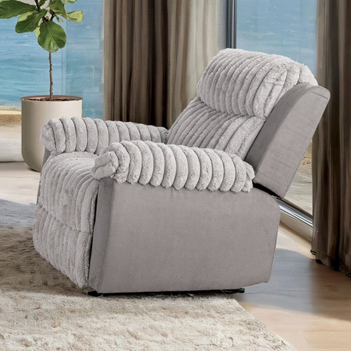 FM64004GY 2 pc Dionysus two tone grey wde channel fabric sofa and love seat with recliner ends cup console USB charging