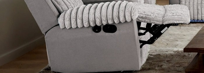 FM64004GY 2 pc Dionysus two tone grey wde channel fabric sofa and love seat with recliner ends cup console USB charging