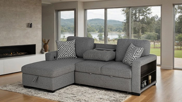 FM64005GY-LC 2 pc Chatham grey fabric 93" sectional sofa set with storage chaise pop up sleep area and storage arms
