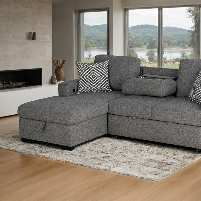 FM64005GY-LC 2 pc Chatham grey fabric 93" sectional sofa set with storage chaise pop up sleep area and storage arms