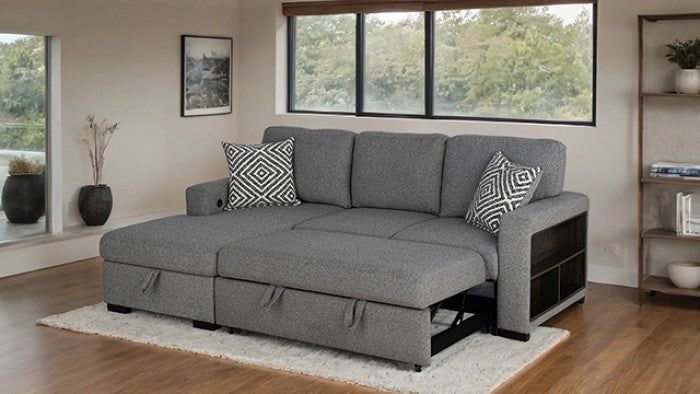 FM64005GY-LC 2 pc Chatham grey fabric 93" sectional sofa set with storage chaise pop up sleep area and storage arms