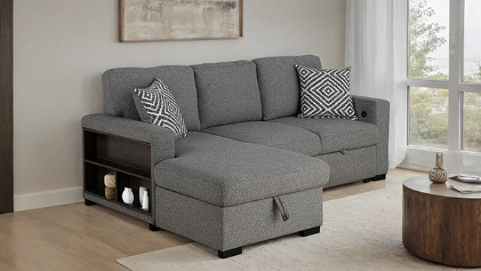 FM64005GY-LC 2 pc Chatham grey fabric 93" sectional sofa set with storage chaise pop up sleep area and storage arms