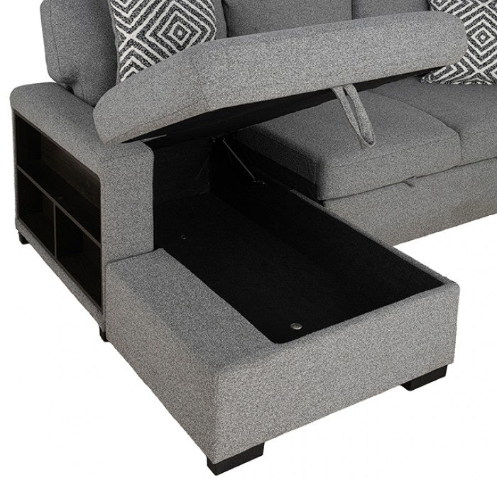 FM64005GY-LC 2 pc Chatham grey fabric 93" sectional sofa set with storage chaise pop up sleep area and storage arms