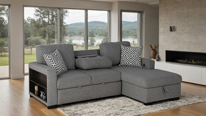 FM64005GY-RC 2 pc Chatham grey fabric 93" sectional sofa set with storage chaise pop up sleep area and storage arms