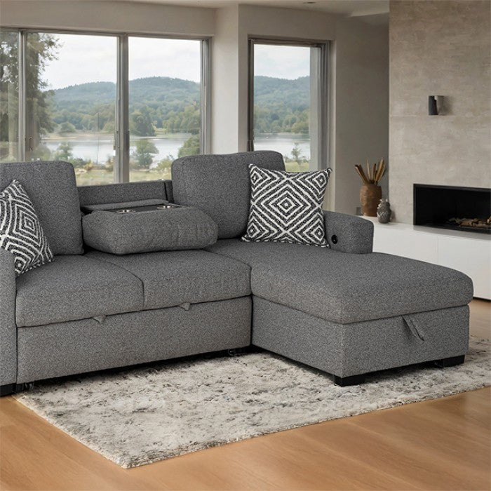 FM64005GY-RC 2 pc Chatham grey fabric 93" sectional sofa set with storage chaise pop up sleep area and storage arms