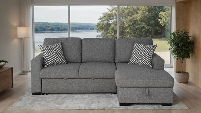 FM64005GY-RC 2 pc Chatham grey fabric 93" sectional sofa set with storage chaise pop up sleep area and storage arms