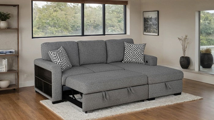 FM64005GY-RC 2 pc Chatham grey fabric 93" sectional sofa set with storage chaise pop up sleep area and storage arms