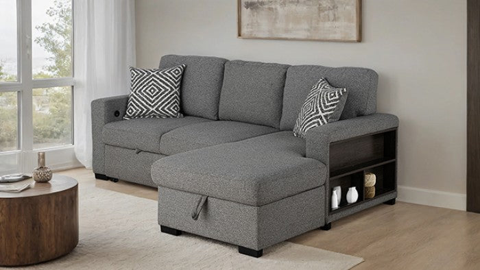 FM64005GY-RC 2 pc Chatham grey fabric 93" sectional sofa set with storage chaise pop up sleep area and storage arms
