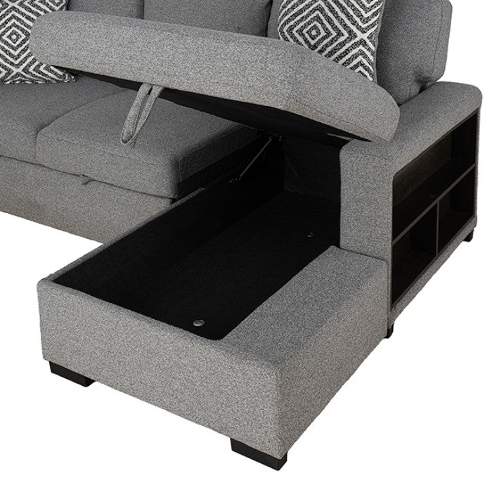 FM64005GY-RC 2 pc Chatham grey fabric 93" sectional sofa set with storage chaise pop up sleep area and storage arms
