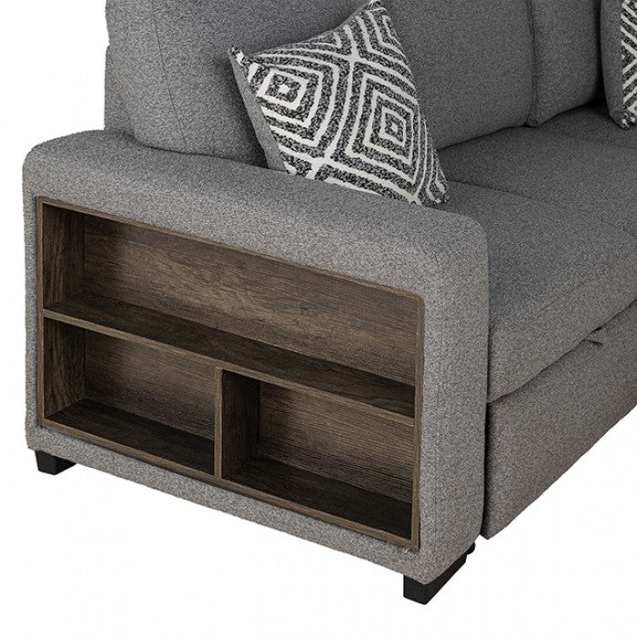 FM64005GY-RC 2 pc Chatham grey fabric 93" sectional sofa set with storage chaise pop up sleep area and storage arms