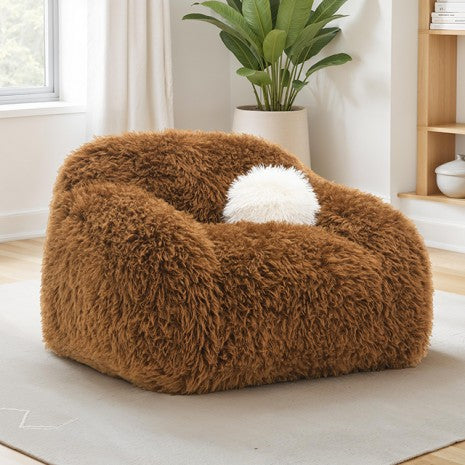 FM64006BR-CH-SW Darwen camel brown furry fabric swivel rounded design accent chair with pillow