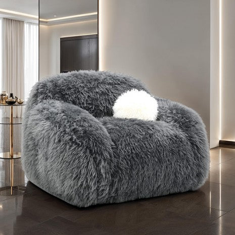 FM64006DG-CH-SW Darwen dark grey furry fabric swivel rounded design accent chair with pillow