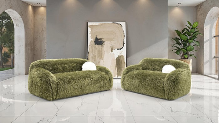FM64006GR-SL 2 pc Darwen green furry fabric rounded design sofa and love seat set with pillows