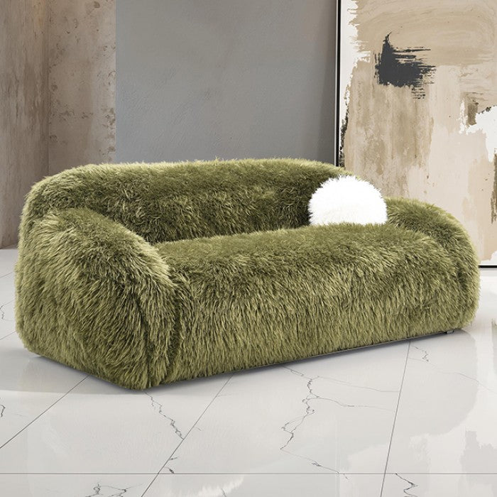 FM64006GR-SL 2 pc Darwen green furry fabric rounded design sofa and love seat set with pillows