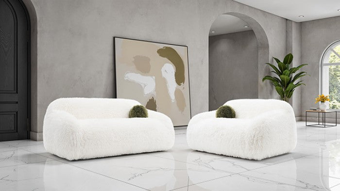 FM64006WH-SL 2 pc Darwen white furry fabric rounded design sofa and love seat set with pillows