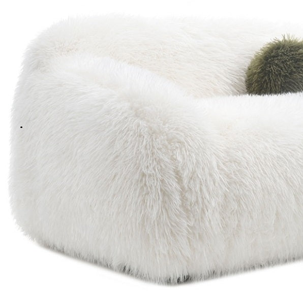 FM64006WH-SL 2 pc Darwen white furry fabric rounded design sofa and love seat set with pillows