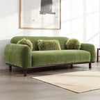 FM64007GR Mellone olive green chenille fabric rounded design sofa with faux fur pillows