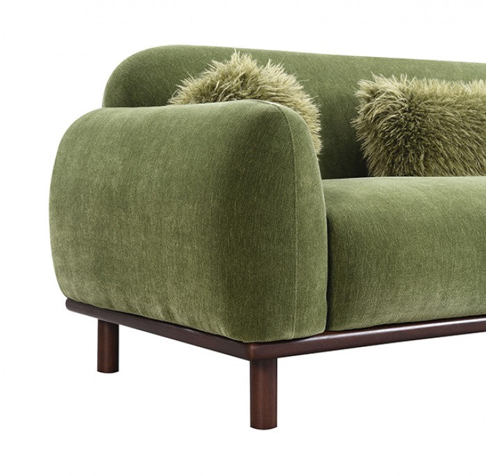 FM64007GR Mellone olive green chenille fabric rounded design sofa with faux fur pillows