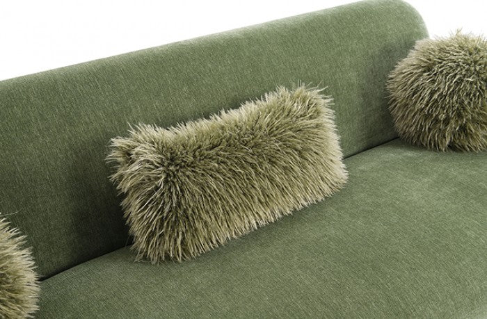 FM64007GR Mellone olive green chenille fabric rounded design sofa with faux fur pillows