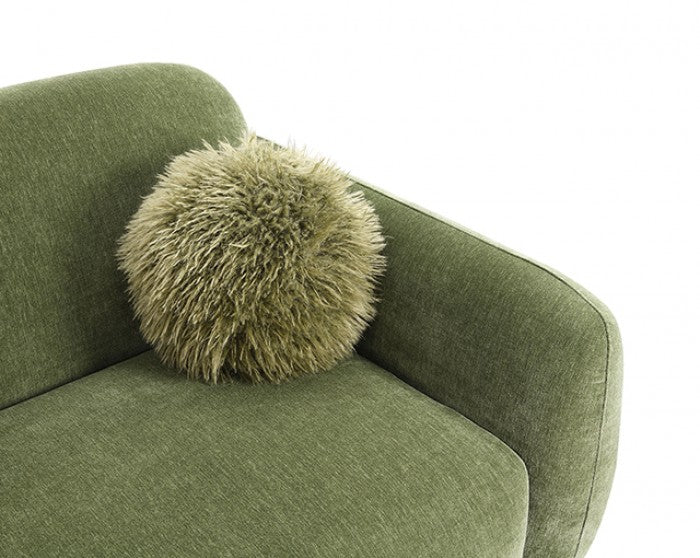 FM64007GR Mellone olive green chenille fabric rounded design sofa with faux fur pillows