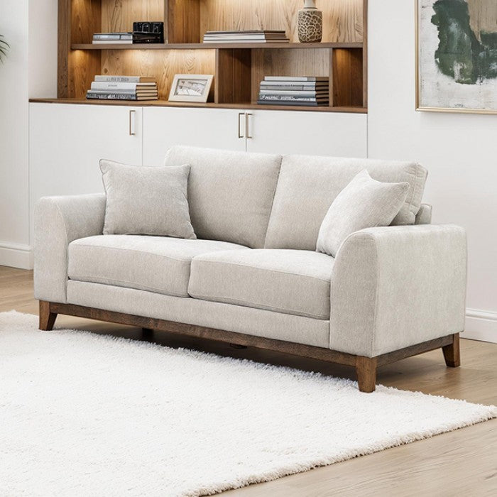FM64008TP-2PC 2 pc Watton light grey fabric warm walnut finish wood trim sofa and love seat set