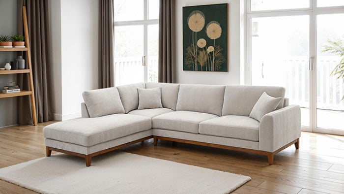 FM64008TP-SECTL 2 pc Watton light grey fabric warm walnut finish wood trim sectional sofa LAF chaise
