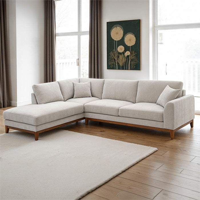 FM64008TP-SECTL 2 pc Watton light grey fabric warm walnut finish wood trim sectional sofa LAF chaise