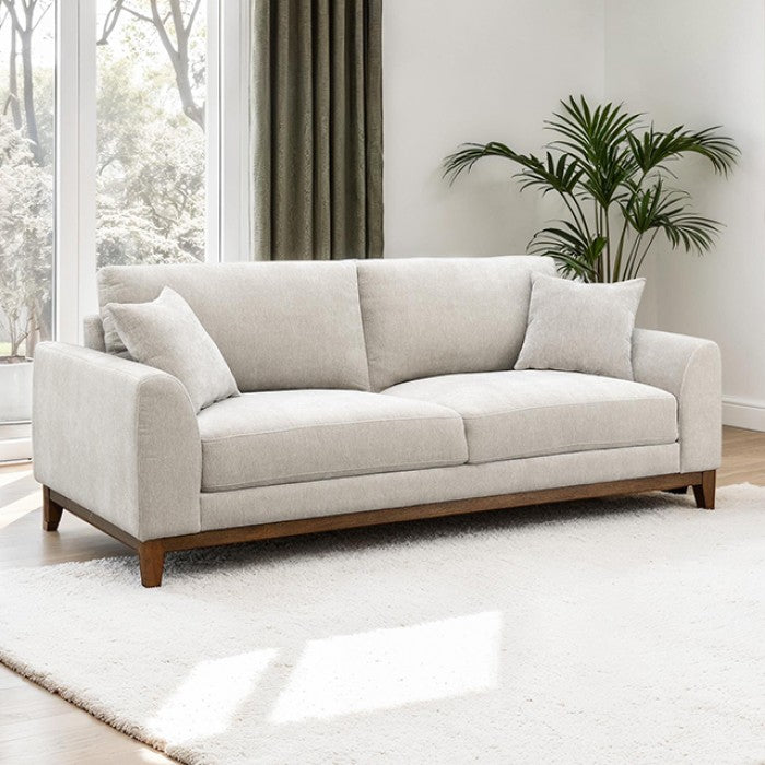 FM64008TP-2PC 2 pc Watton light grey fabric warm walnut finish wood trim sofa and love seat set