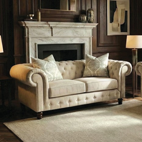 FM64011BG-2PC 2 pc Ammirati beige tufted fabric traditional chesterfield design sofa and love seat set