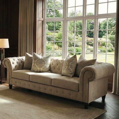 FM64011BG-2PC 2 pc Ammirati beige tufted fabric traditional chesterfield design sofa and love seat set