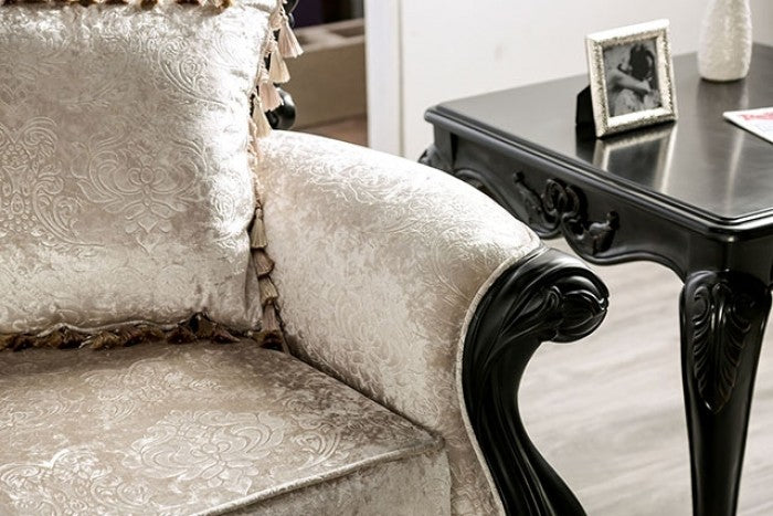Acapulco Off White Patterned Fabric Traditional Sofa and Love Seat Set with Black Wood Trim – FM65001ES