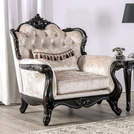FM65001ES-CH Acapulco off white patterned fabric traditional chair with black wood trim