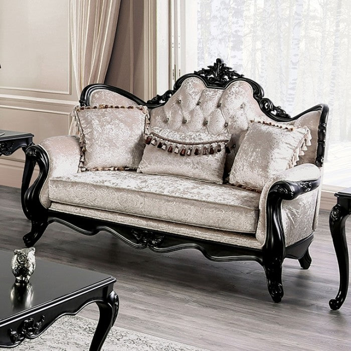Acapulco Off White Patterned Fabric Traditional Sofa and Love Seat Set with Black Wood Trim – FM65001ES